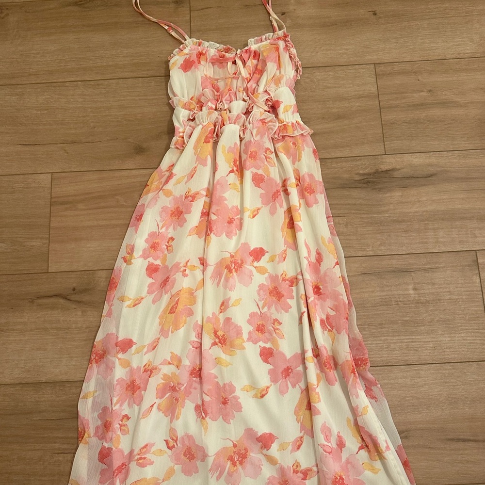 Floral Midi Dress with Pink and Orange Accents
